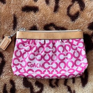 Coach Pink and White Signature Cosmetic Pouch with Tan Trim